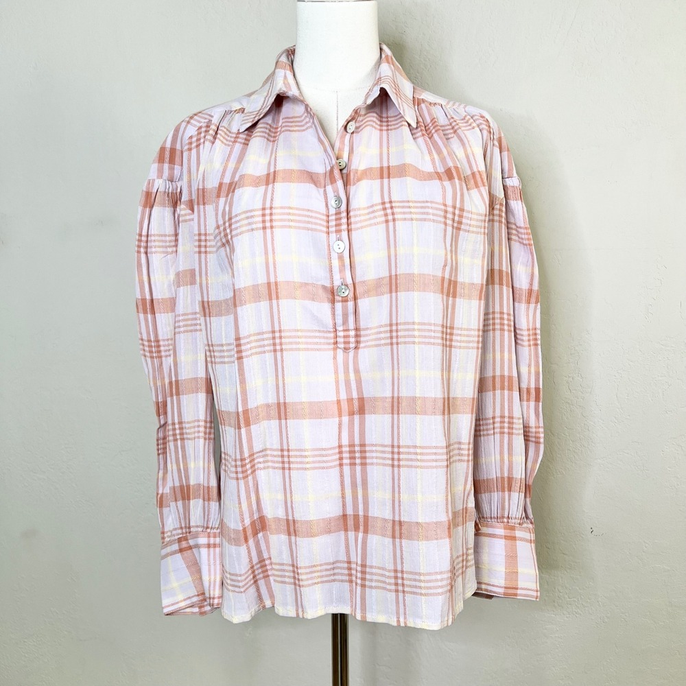 Faherty Pink Plaid Organic Cotton Viscose Henley Blouse Popover NWT Small